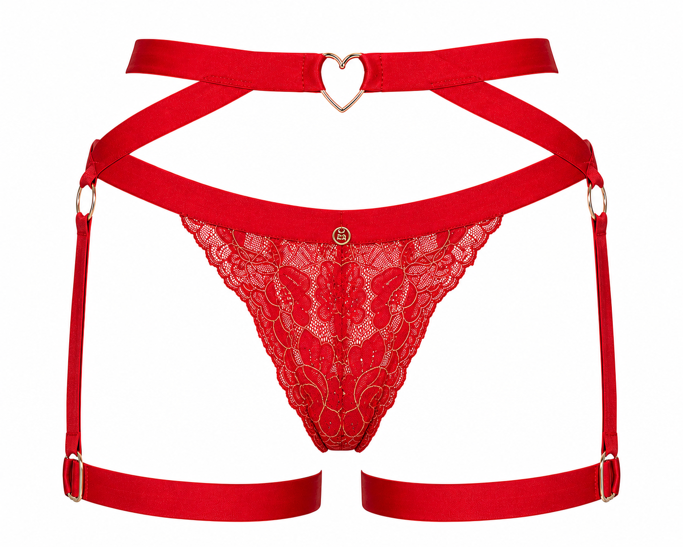 Red lace thong with matching red garter straps and gold-tone hardware, including a heart-shaped ring at the waist and a small circular logo medallion on the front.