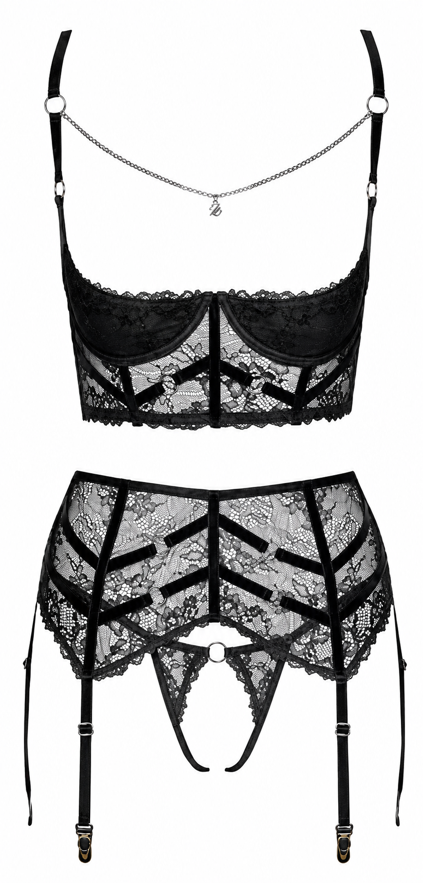 Black lace lingerie set featuring a strappy underwire bra with a delicate chain detail across the chest, matching high-waisted garter belt with attached suspender straps, and a coordinating thong, shown on a plain white background.