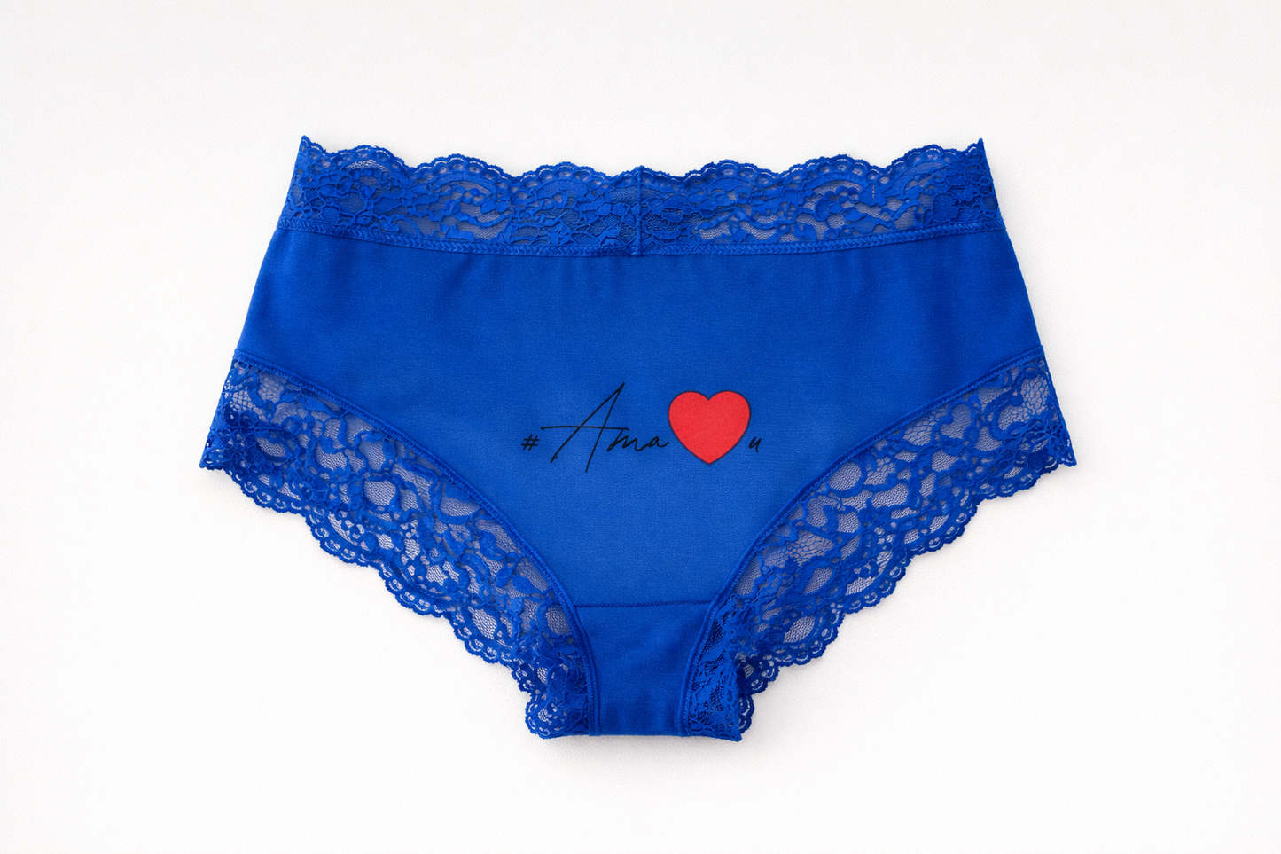 Blue lace underwear with a red heart and black text on a white background