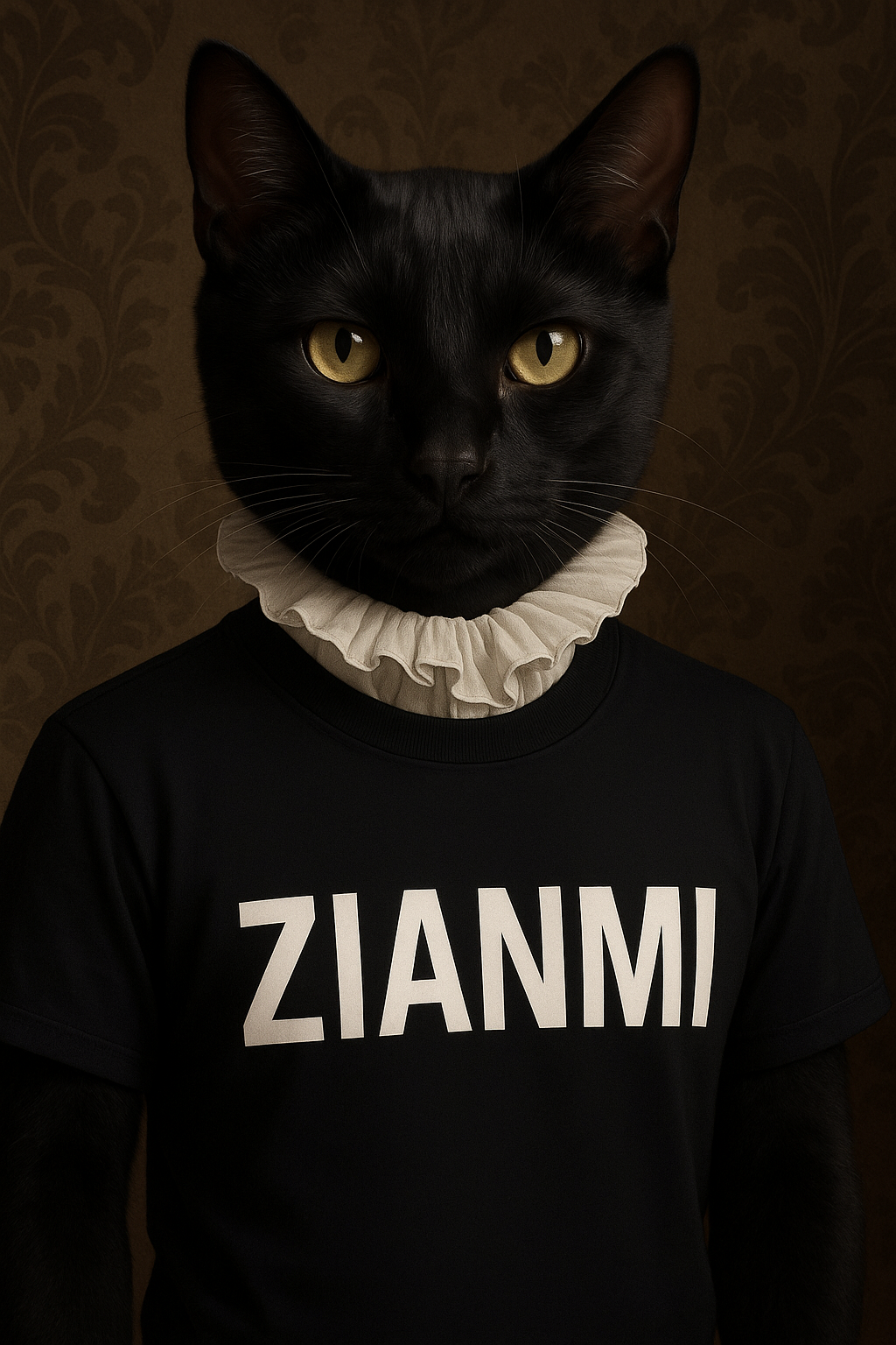 Black cat wearing a ruffled collar with a black shirt displaying 'ZIANMI' on a dark background