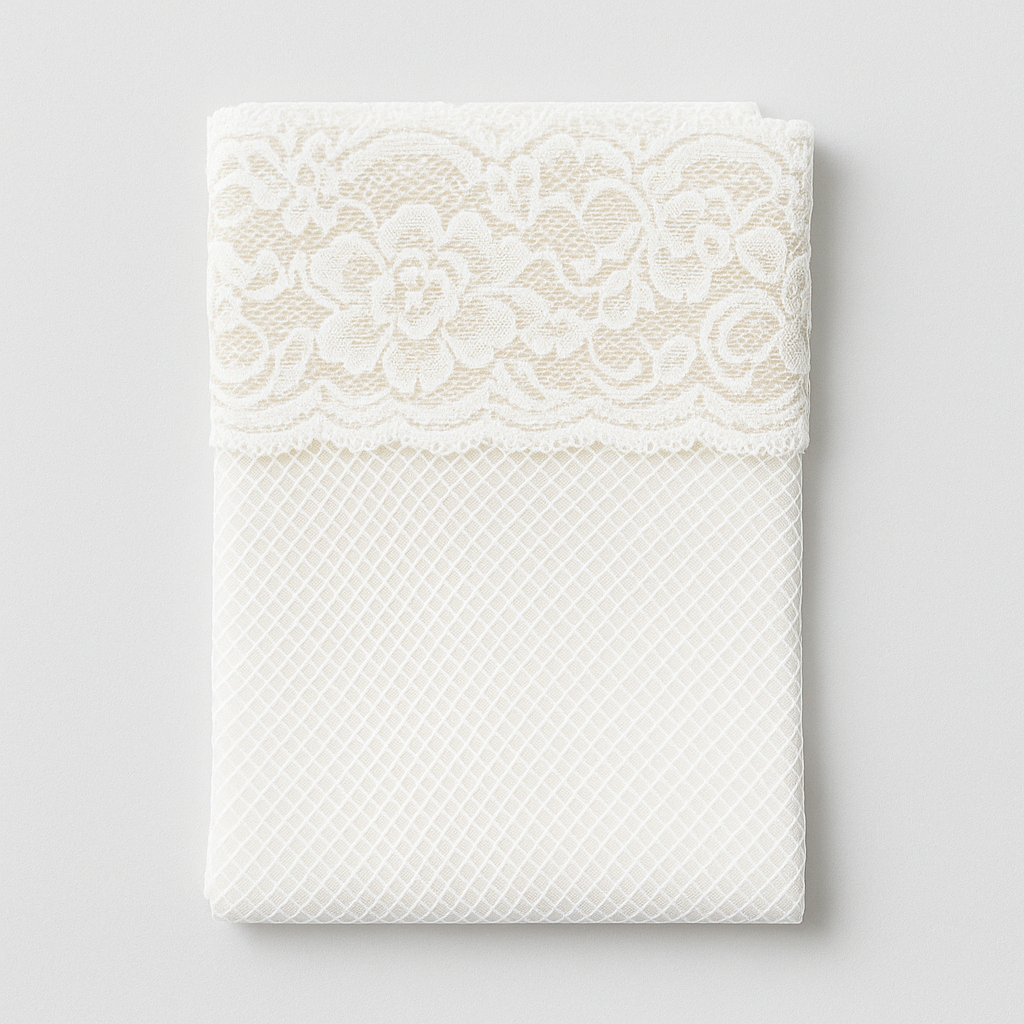 White lace baby blanket on a light gray background