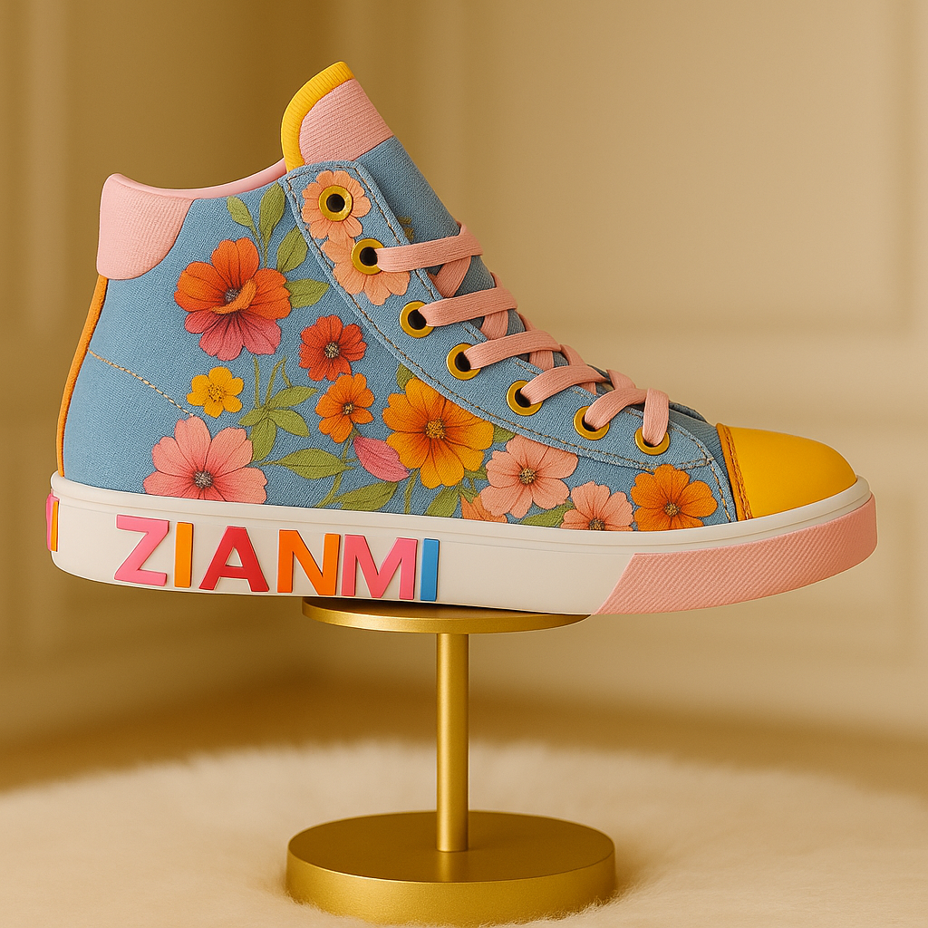 Colorful floral sneaker with 'ZIANMI' branding on a stand against a beige background