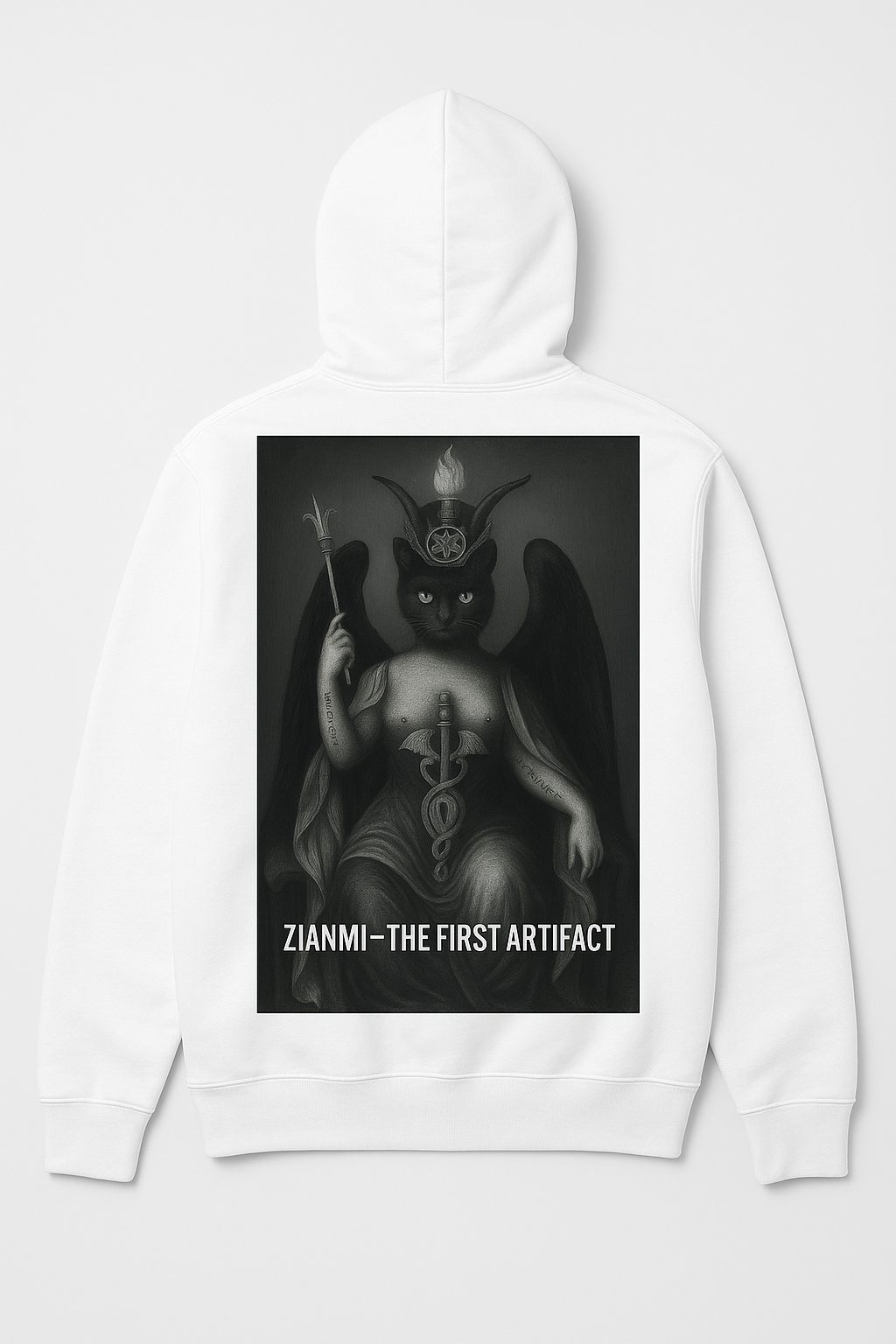 White hoodie with a black graphic design on a white background