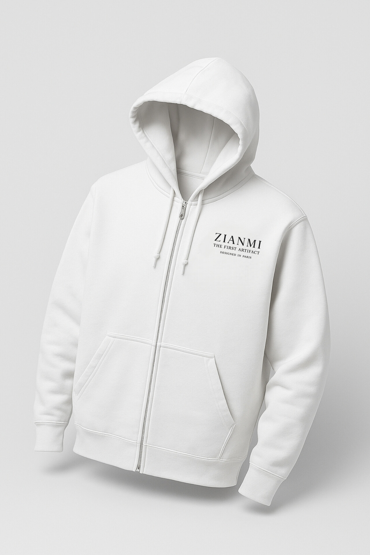 White hoodie with a brand logo on a light gray background