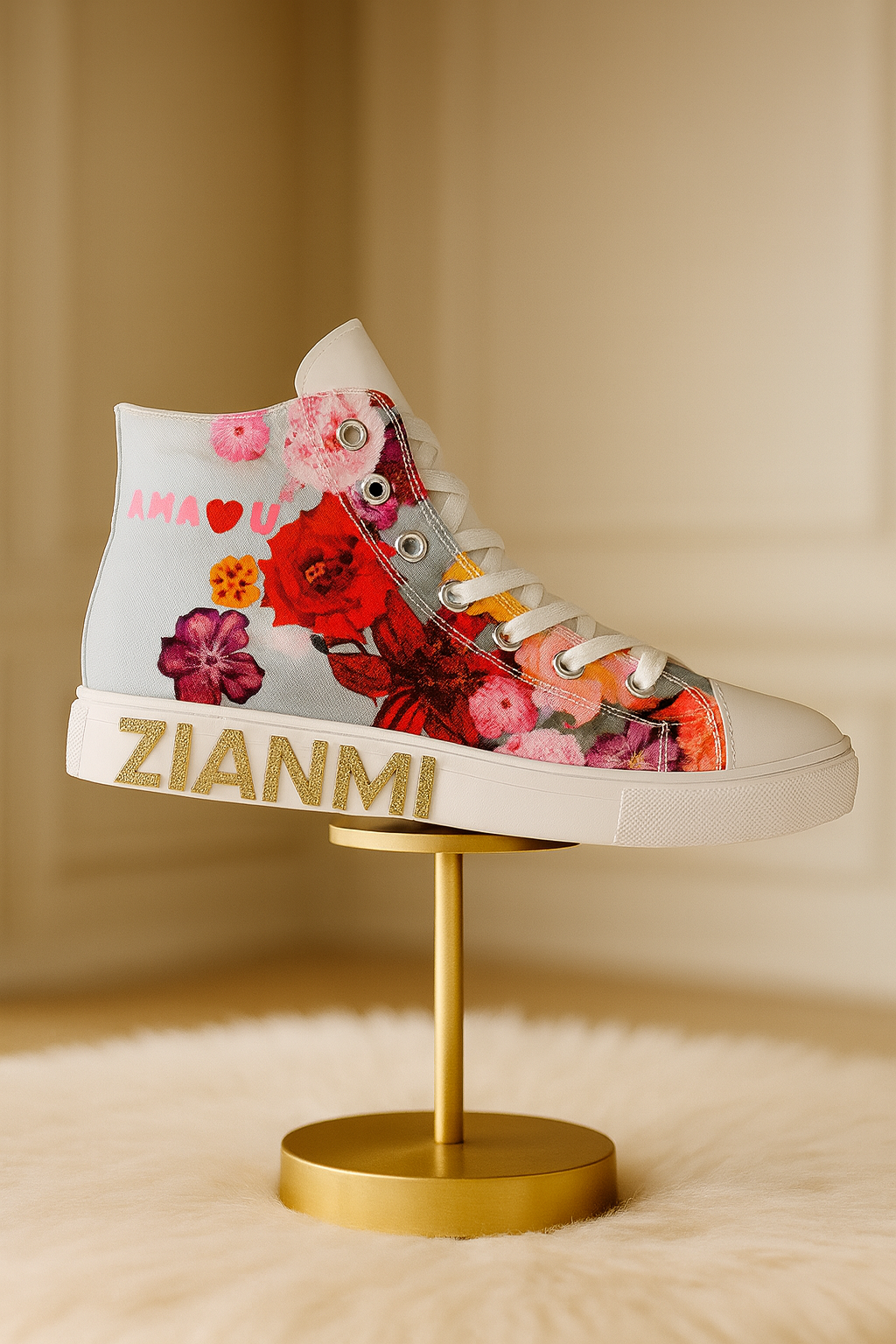 High-top sneaker with floral design on a gold stand against a beige background