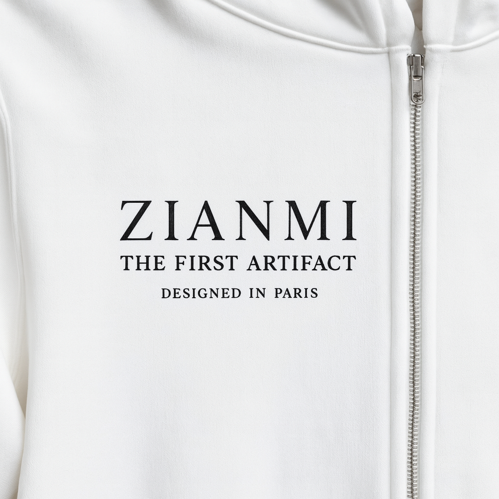 White hoodie with 'ZIANMI' branding and text on a white background