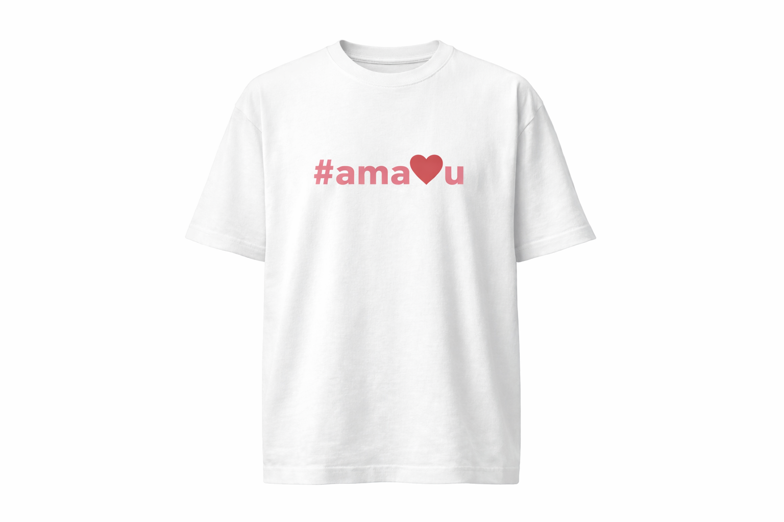 White t-shirt with '#ama❤️❤️' text on a white background