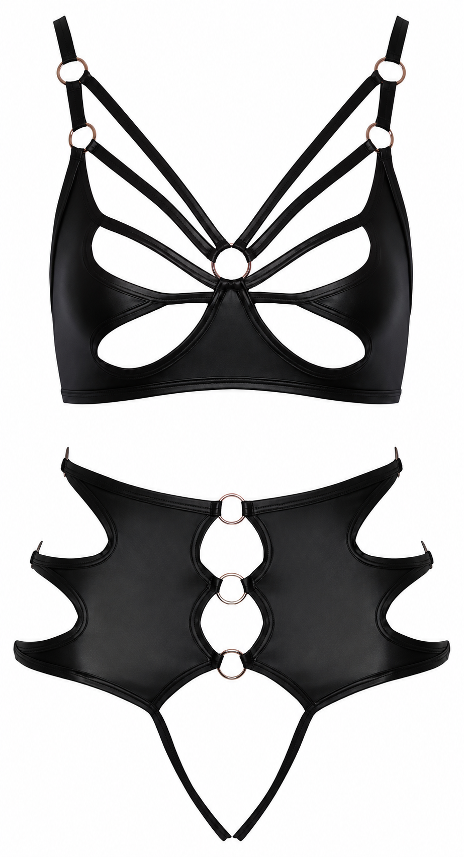 A black strappy bikini set with high-cut bottoms and a matching strappy top, featuring multiple circular silver metal ring accents, shown on a plain white background.