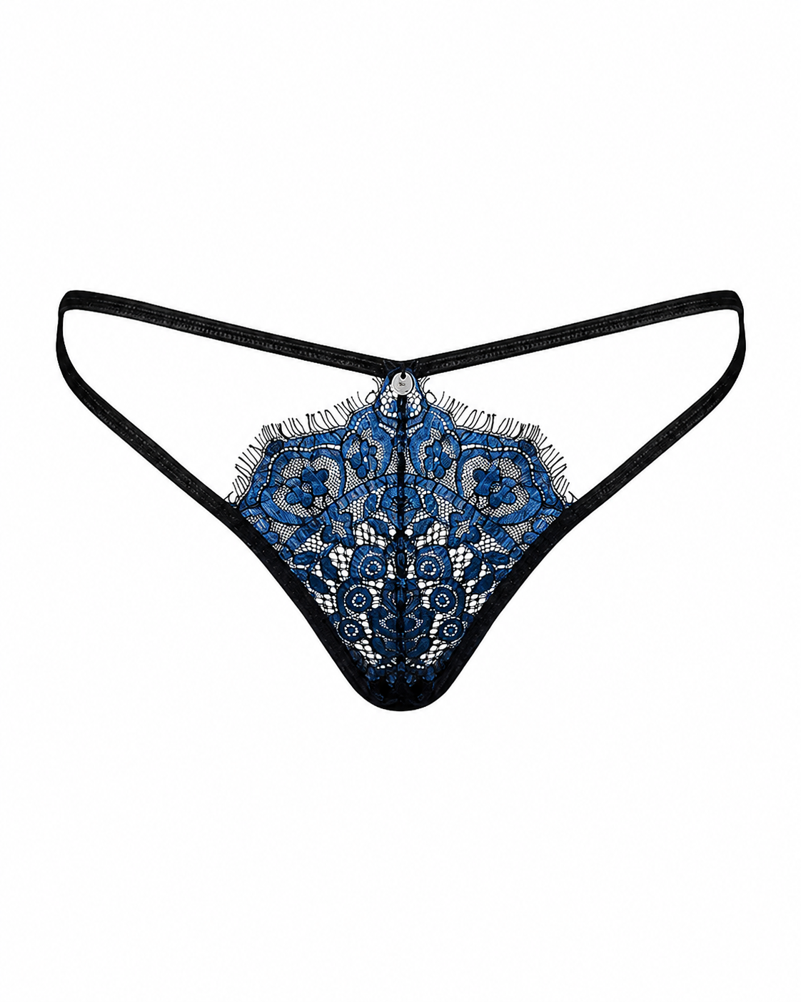 Blue and black lace thong with intricate floral embroidery and fringe details, shown against a plain white background.