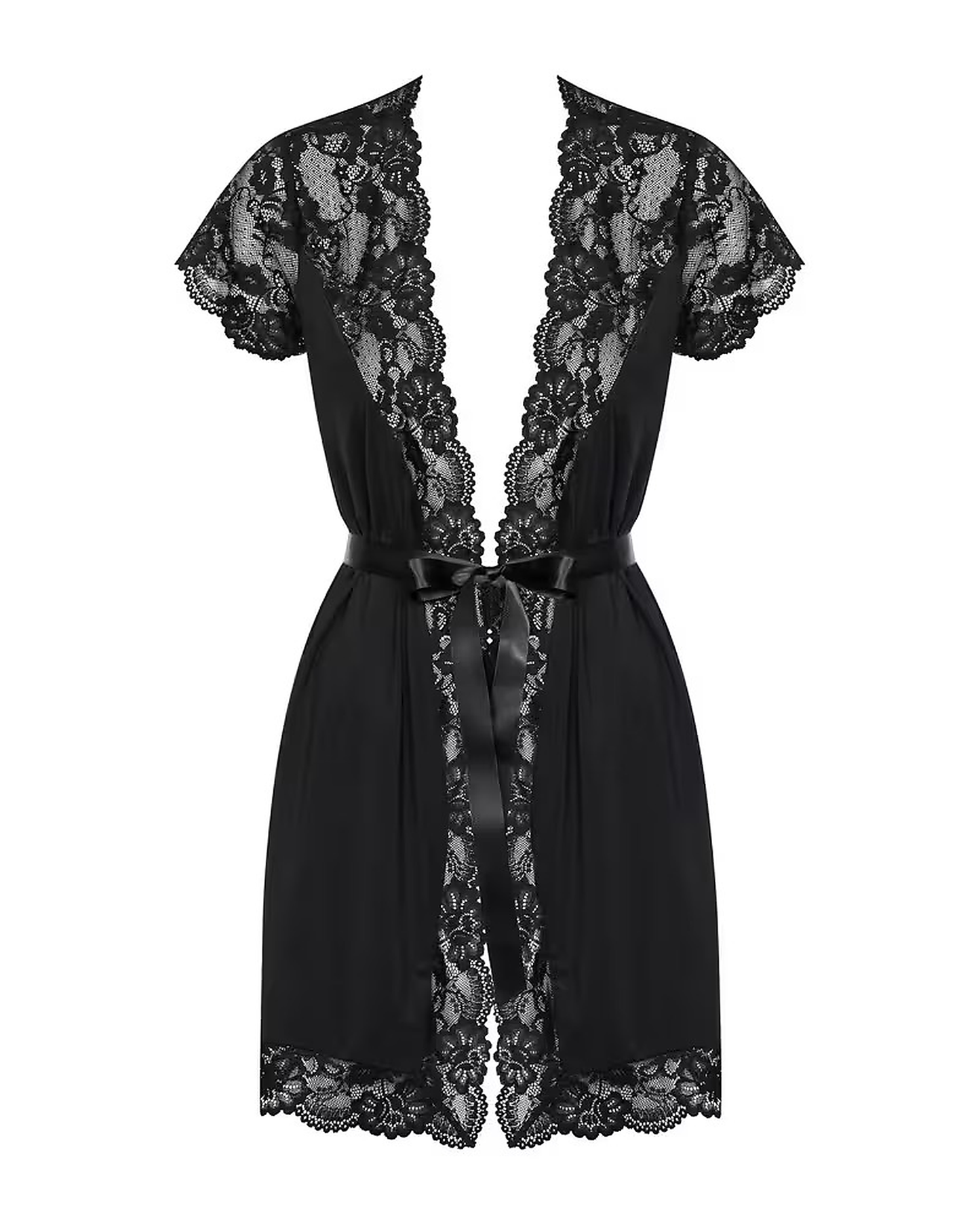 A black lace and satin chemise robe with short sleeves, a V-neckline, and a matching waist tie, displayed on a white mannequin torso against a plain white background.