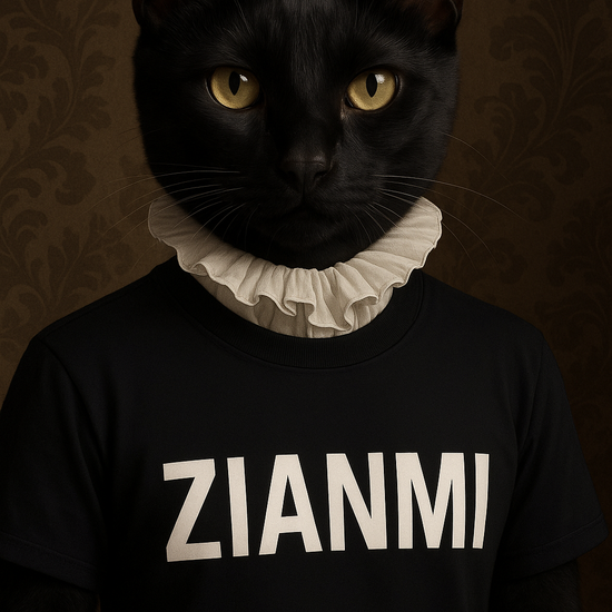 Official product view of ZIANMI Black Cat Tee, luxury black cotton T-shirt with printed cat artwork, displayed on stone pedestal in minimalist studio.
