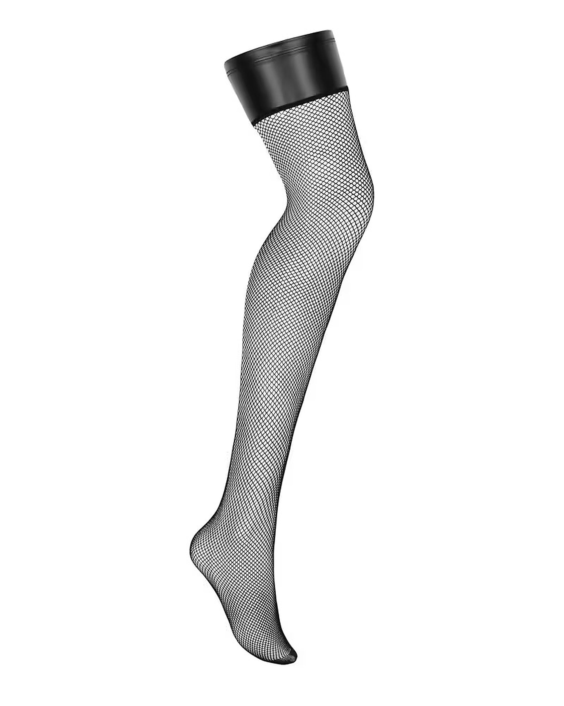 A single black fishnet thigh-high stocking shown on a plain white background.